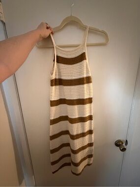 Ghanda Cream and Brown Striped Crochet Midi Dress